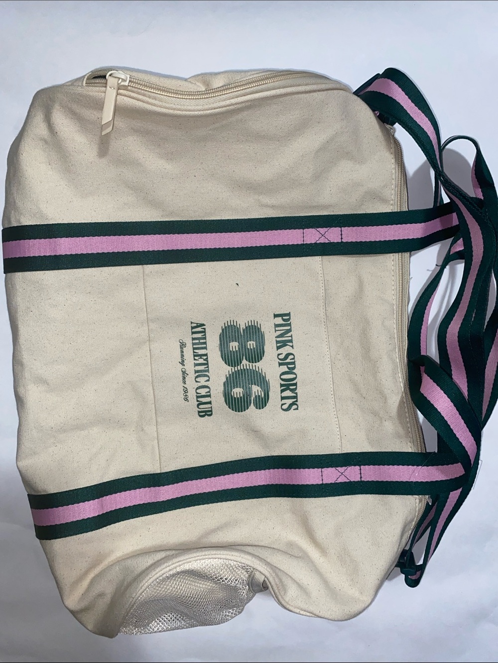 PINK Victoria's Secret Cream Canvas Tote with Pink & Green Straps